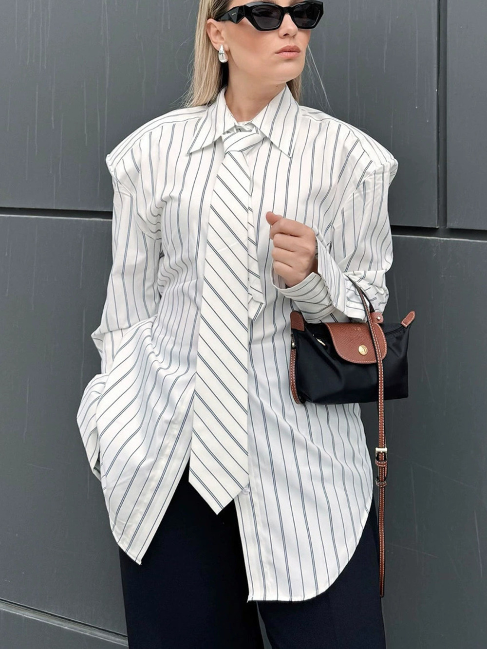 ZARA Spring Summer Striped Tie Shoulder Pad Blouse Sophisticated Office Chic